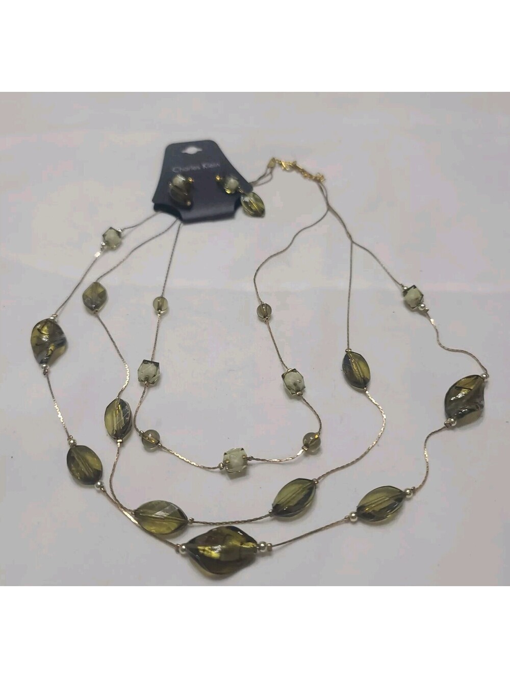 Charles Klein Triple Strand Necklace & Earrings NEW Green Glass & Plastic